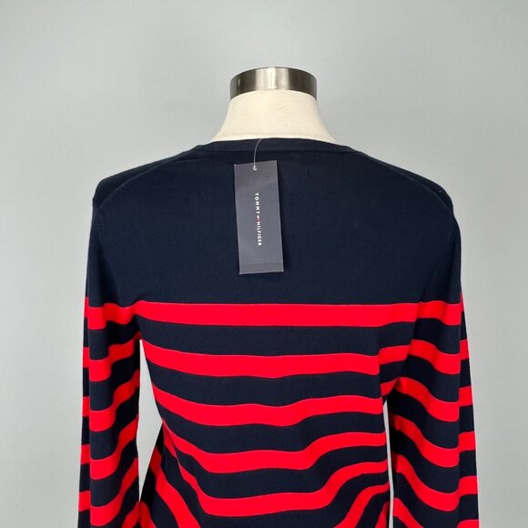 Tommy Hilfiger Womens Striped V Neck Sweater Navy Blue Red Long Sleeves size L - Picture 6 of 12